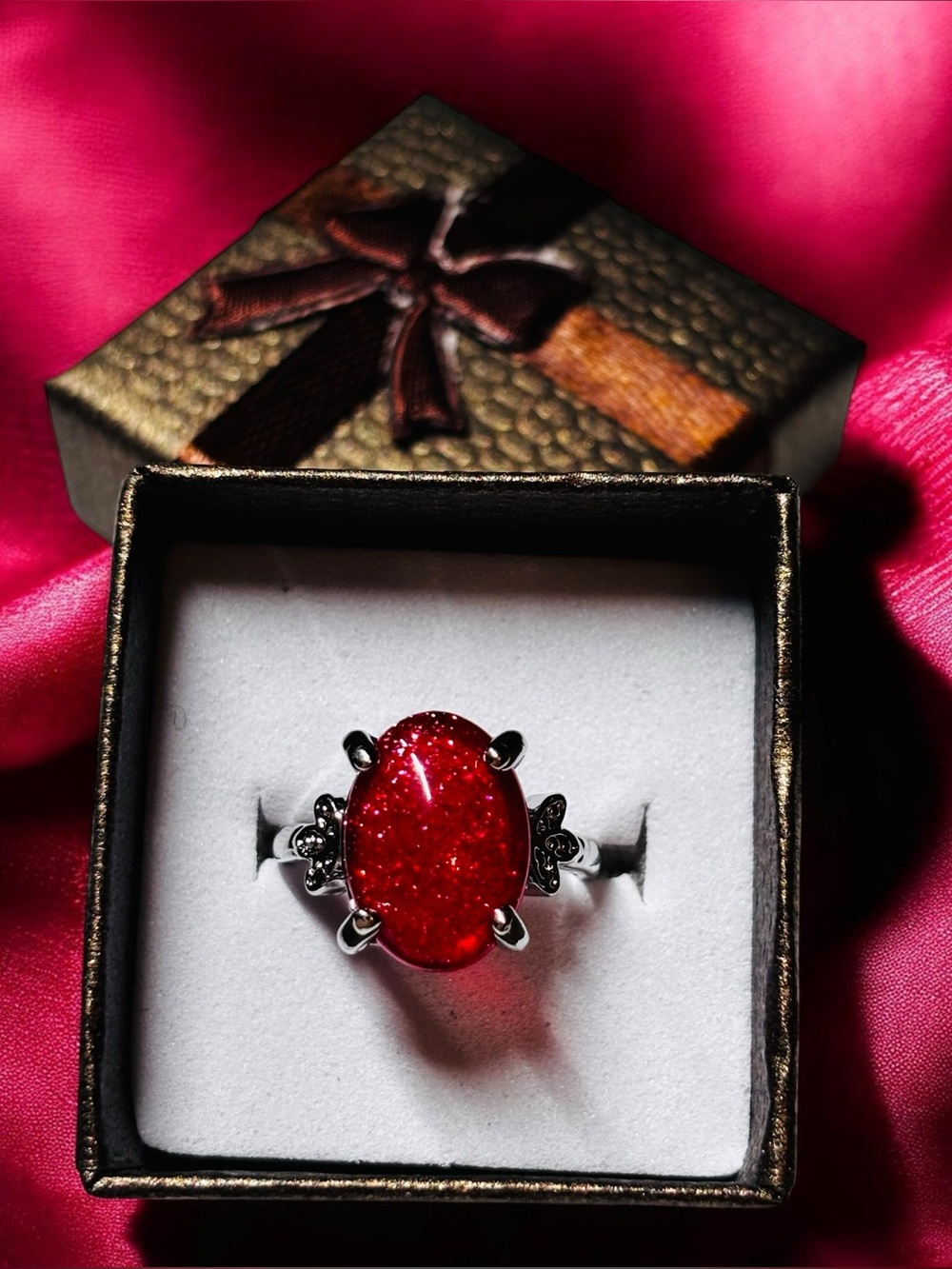 Red Glitter Cabochon Silver Tone Ring 5.75